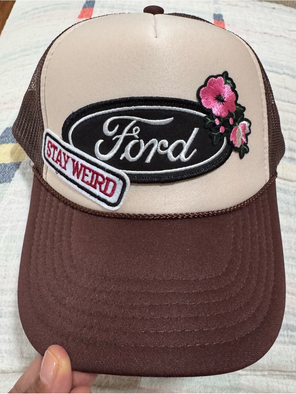 Ford Brown and Pink Floral Trucker Hat with 'Stay Weird' Patch